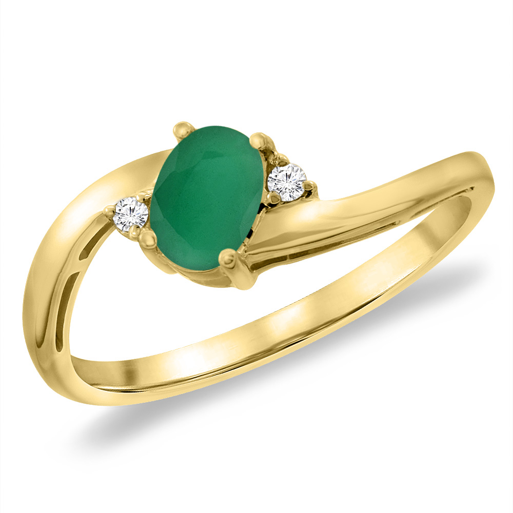14K Yellow Gold Diamond Natural Emerald Bypass Engagement Ring Oval 6x4 mm, sizes 5 -10