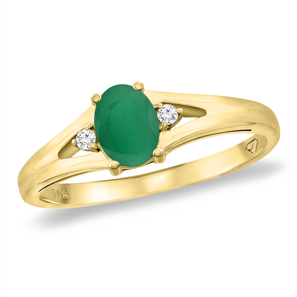 14K Yellow Gold Diamond Natural Emerald Engagement Ring Oval 6x4 mm, sizes 5 -10