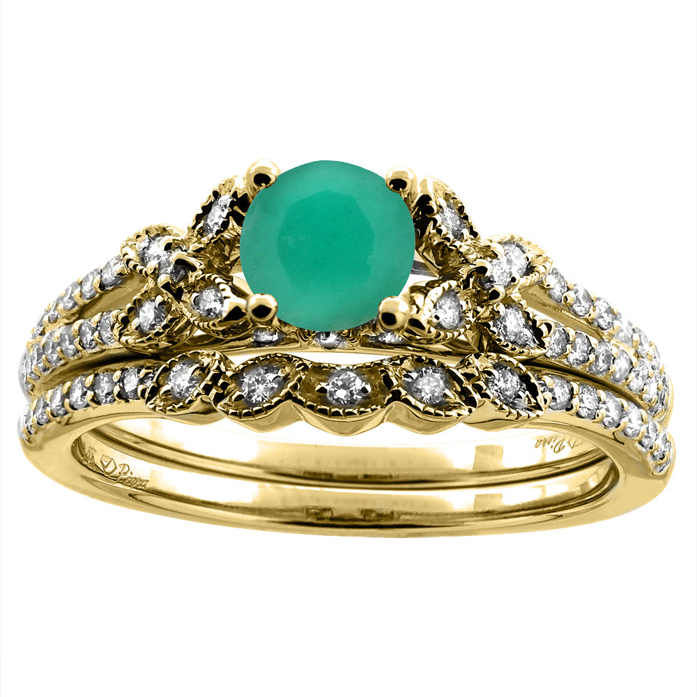 14K Yellow Gold Floral Diamond Natural Emerald 2pc Engagement Ring Set Round 5 mm, sizes 5-10