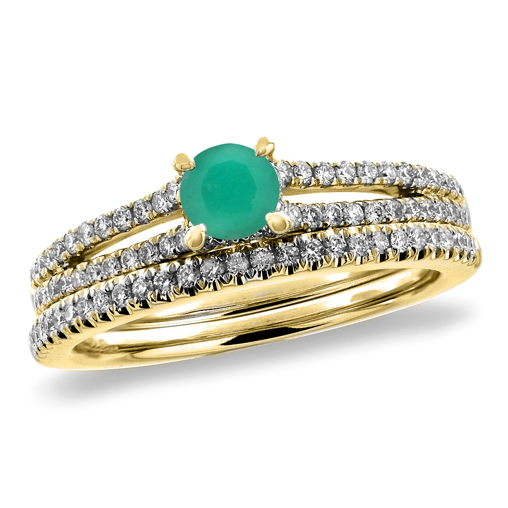 14K Yellow Gold Diamond Natural Emerald 2pc Engagement Ring Set Round 5 mm, sizes 5-10