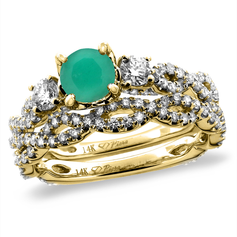 14K Yellow Gold Diamond Natural Emerald 2pc Infinity Engagement Ring Set Round 5 mm, sizes 5-10