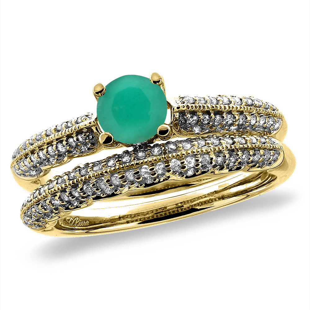 14K Yellow Gold Diamond Natural Emerald 2pc Engagement Ring Set Round 5 mm, sizes 5-10