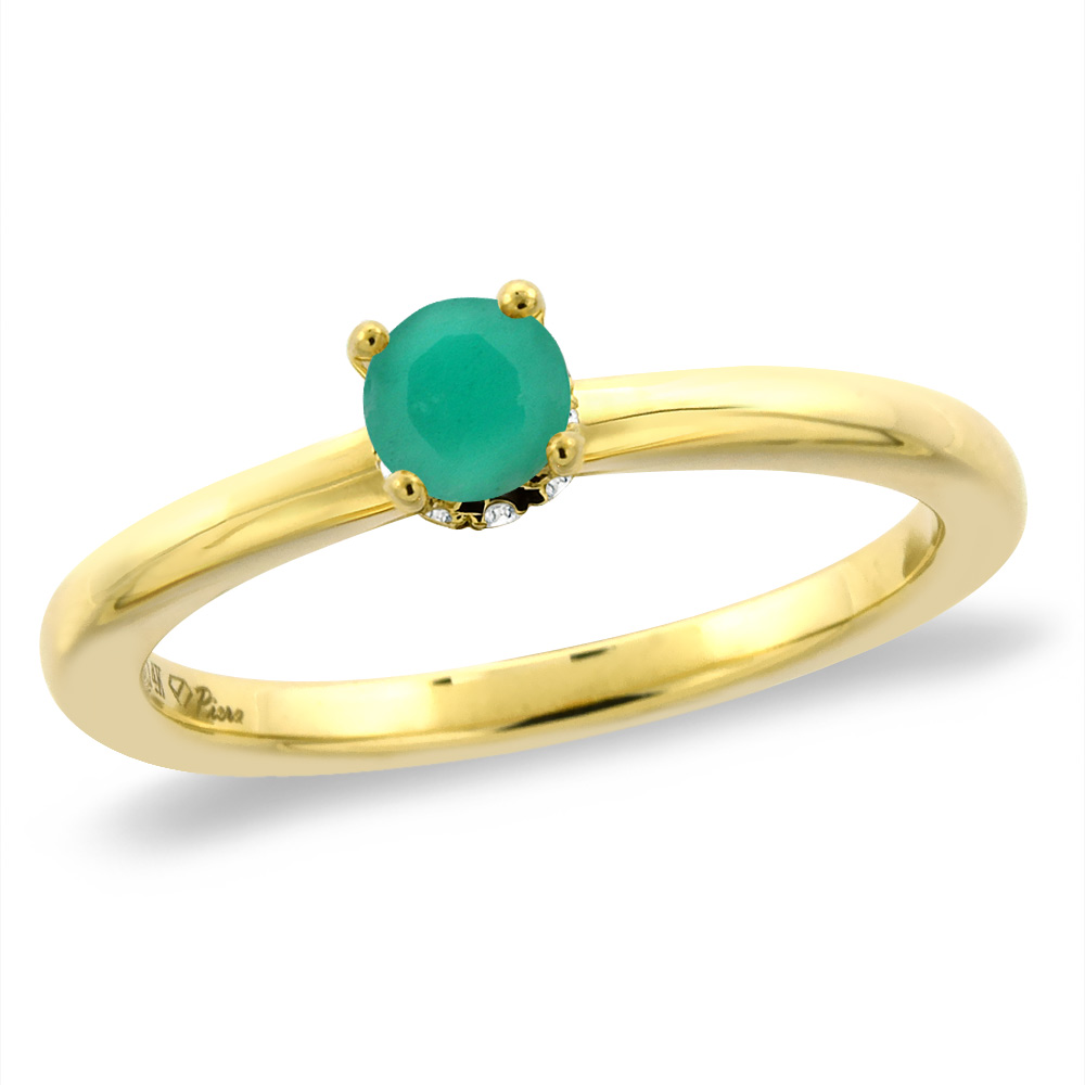 14K Yellow Gold Diamond Natural Emerald Solitaire Engagement Ring Round 5 mm, sizes 5 -10