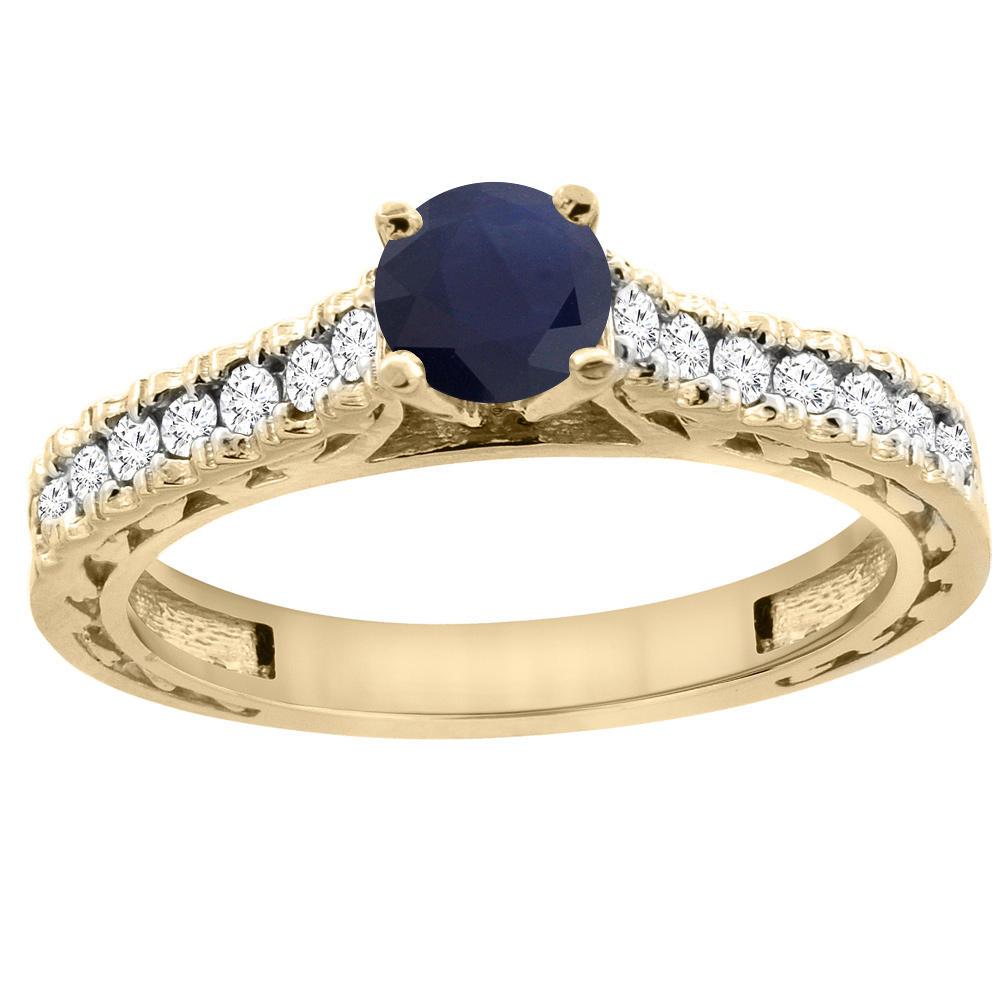 14K Yellow Gold Diamond Natural Quality Blue Sapphire Engraved Engagement Ring Round 5mm, size 5-10