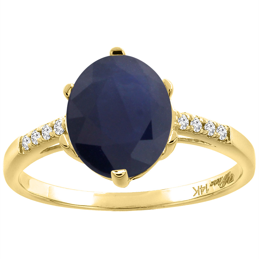 14K Yellow Gold Natural Blue Sapphire & Diamond Ring Oval 10x8 mm, sizes 5-10