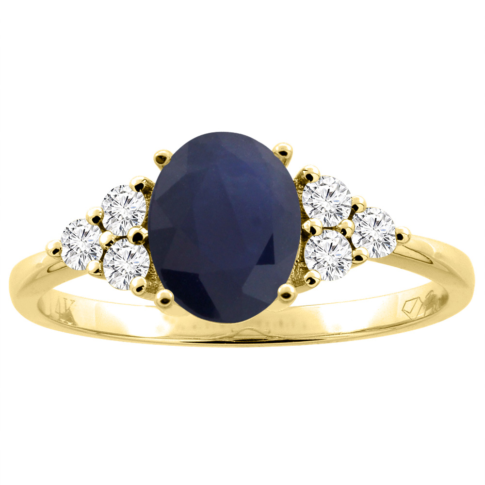14K Yellow Gold Natural Blue Sapphire Ring Oval 8x6 mm Diamond Accents, size 10