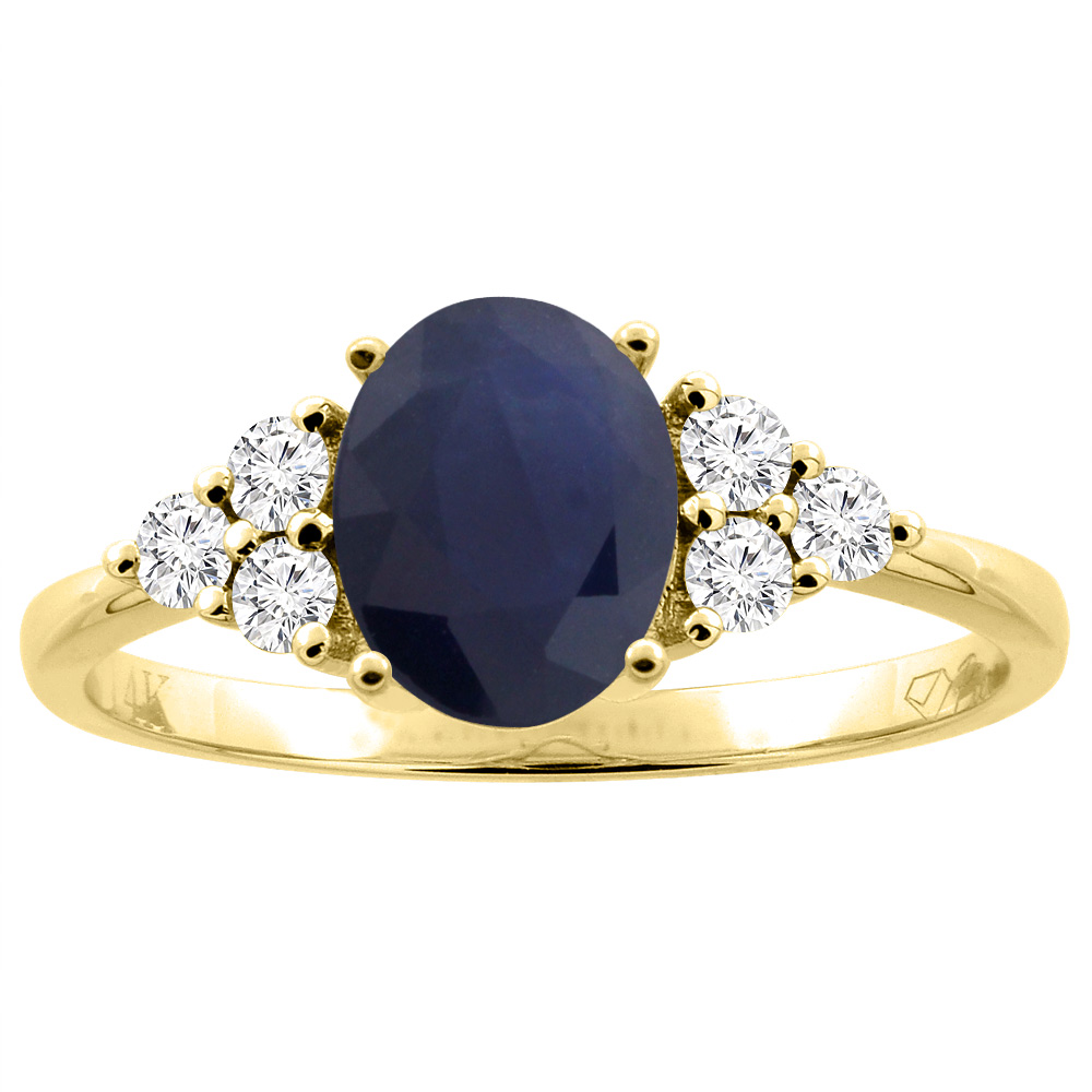 14K Yellow Gold Natural Blue Sapphire Ring Oval 8x6 mm Diamond Accents, size 8.5