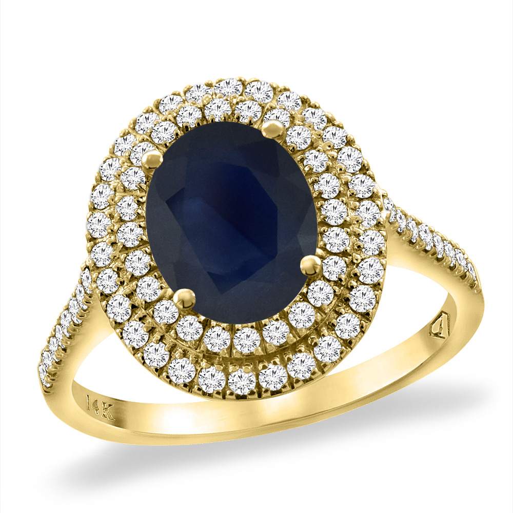14K Yellow Gold Natural Blue Sapphire Two Halo Diamond Engagement Ring 9x7 mm Oval, sizes 5 -10