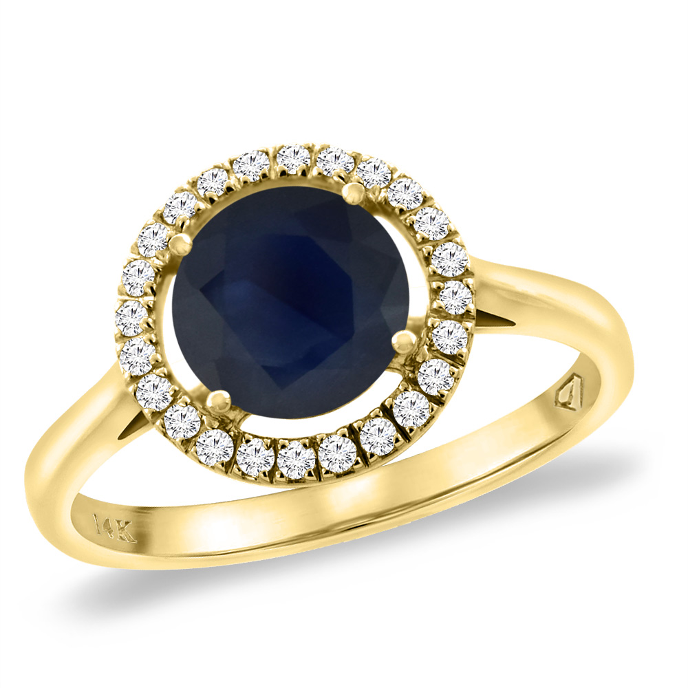 14K Yellow Gold Natural Blue Sapphire Halo Engagement Ring Round 8 mm, sizes 5 -10