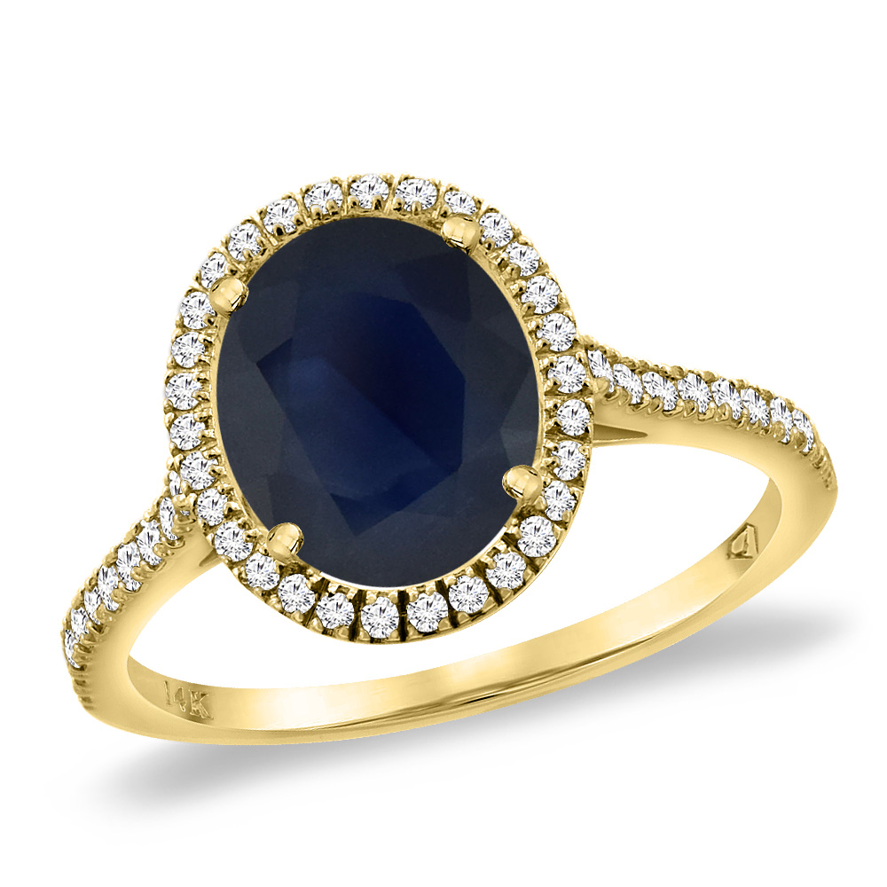 14K Yellow Gold Natural Blue Sapphire Diamond Halo Engagement Ring 10x8 mm Oval, sizes 5 -10