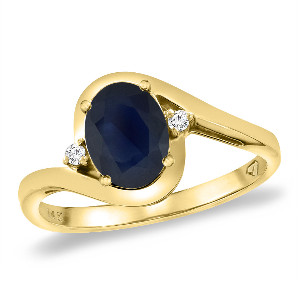 14K Yellow Gold Diamond Natural Blue Sapphire Bypass Engagement Ring Oval 8x6 mm, sizes 5 -10