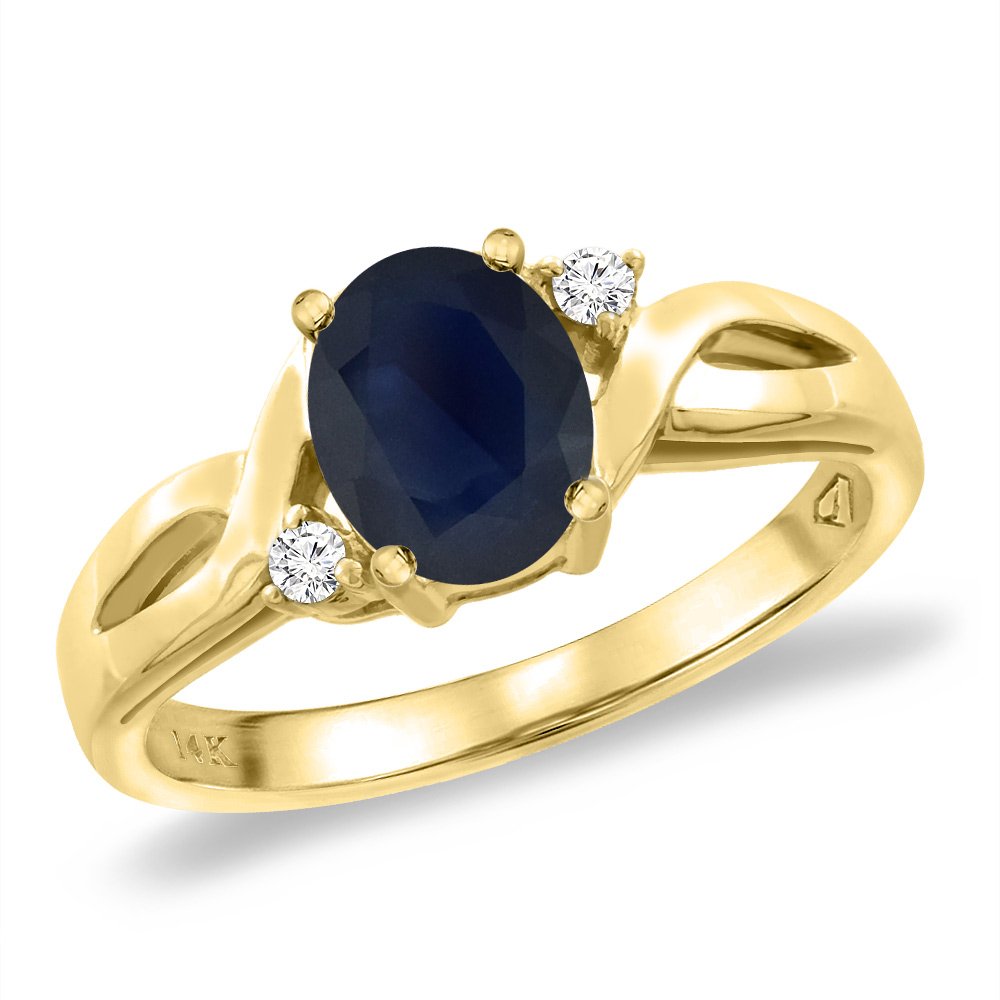 14K Yellow Gold Diamond Natural Blue Sapphire Engagement Ring Oval 8x6 mm, sizes 5 -10