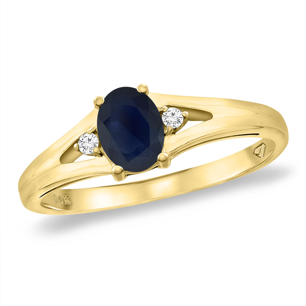 14K Yellow Gold Diamond Natural Blue Sapphire Engagement Ring Oval 6x4 mm, sizes 5 -10