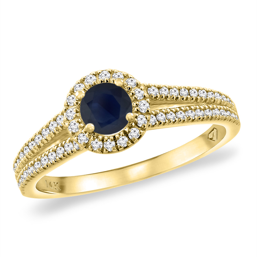 14K Yellow Gold Natural Blue Sapphire Split Shank Diamond Halo Engagement Ring 4mm Round, sizes 5 -10