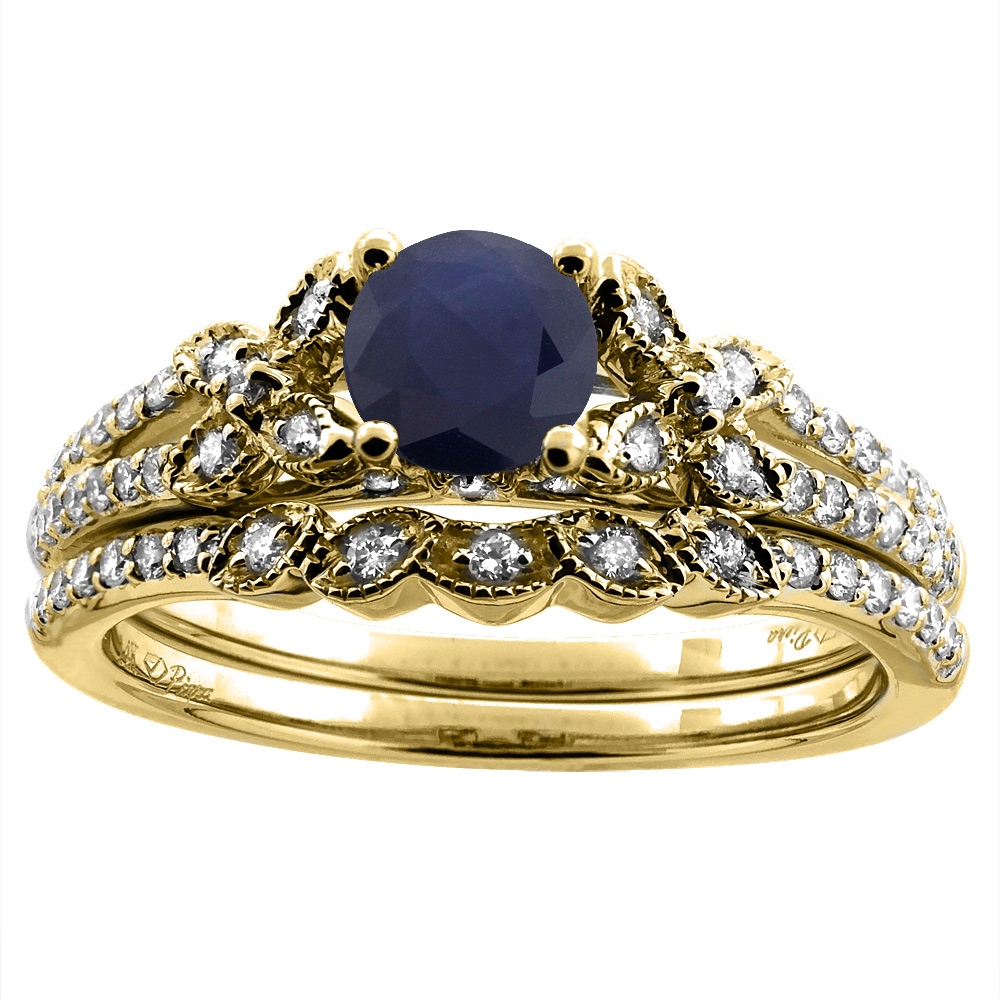 14K Yellow Gold Floral Diamond Natural Blue Sapphire 2pc Engagement Ring Set Round 5 mm, sizes 5-10