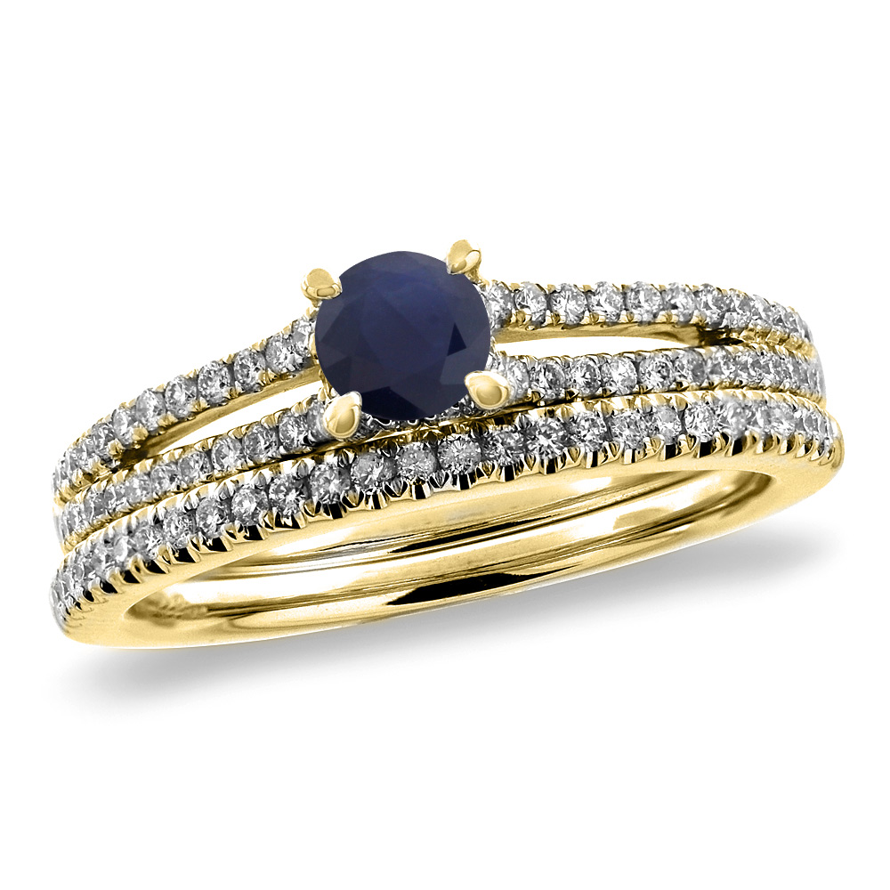 14K Yellow Gold Diamond Natural Blue Sapphire 2pc Engagement Ring Set Round 5 mm, sizes 5-10