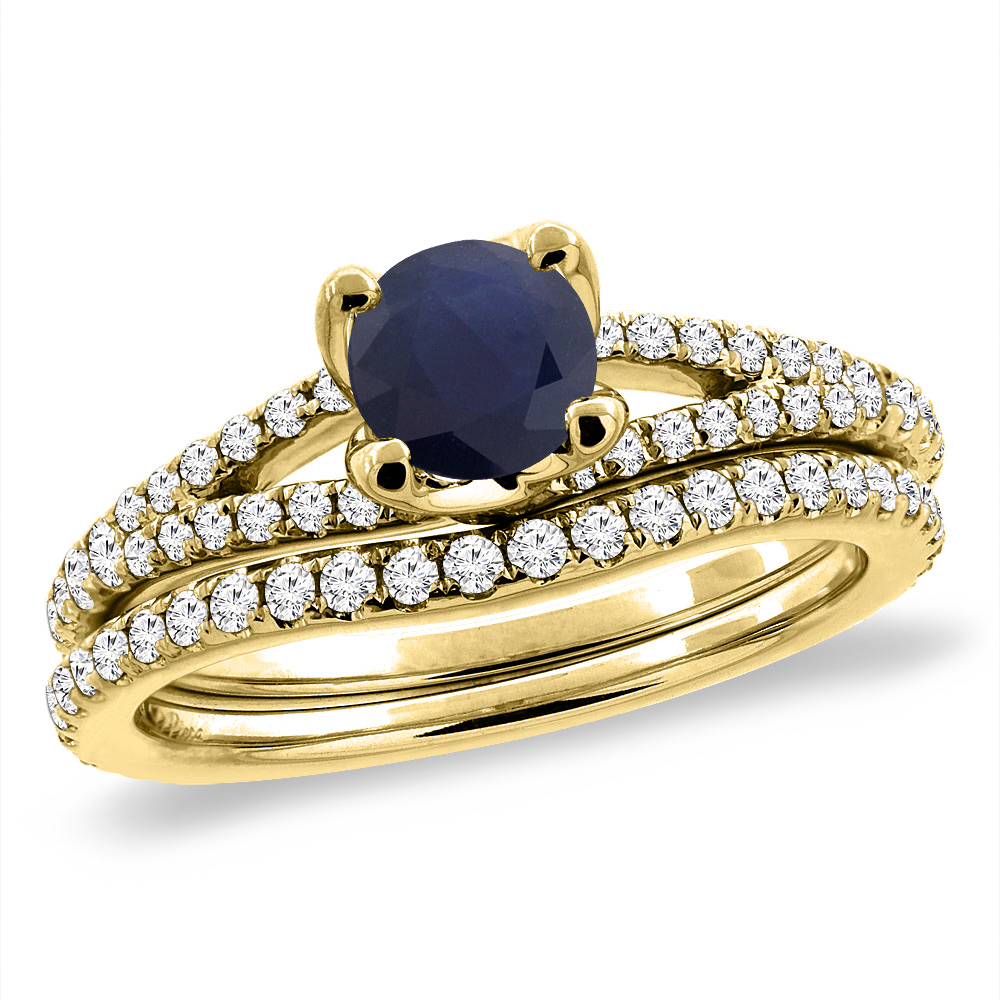 14K Yellow Gold Diamond Natural Blue Sapphire 2pc Engagement Ring Set Round 5 mm, sizes 5-10