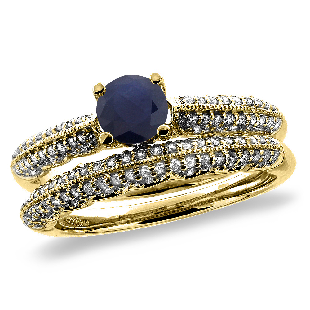 14K Yellow Gold Diamond Natural Blue Sapphire 2pc Engagement Ring Set Round 5 mm, size 5-10