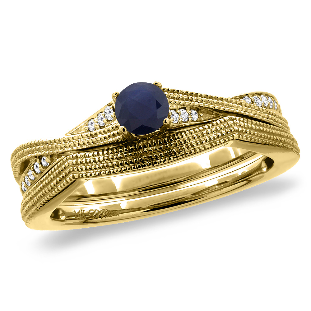 14K Yellow Gold Diamond Natural Blue Sapphire 2pc Engagement Ring Set Round 4 mm, sizes 5 - 10