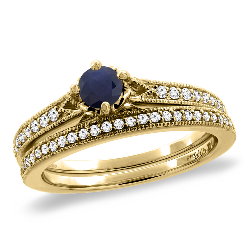14K Yellow Gold Diamond Natural Blue Sapphire 2pc Engagement Ring Set Round 4 mm, sizes 5 - 10