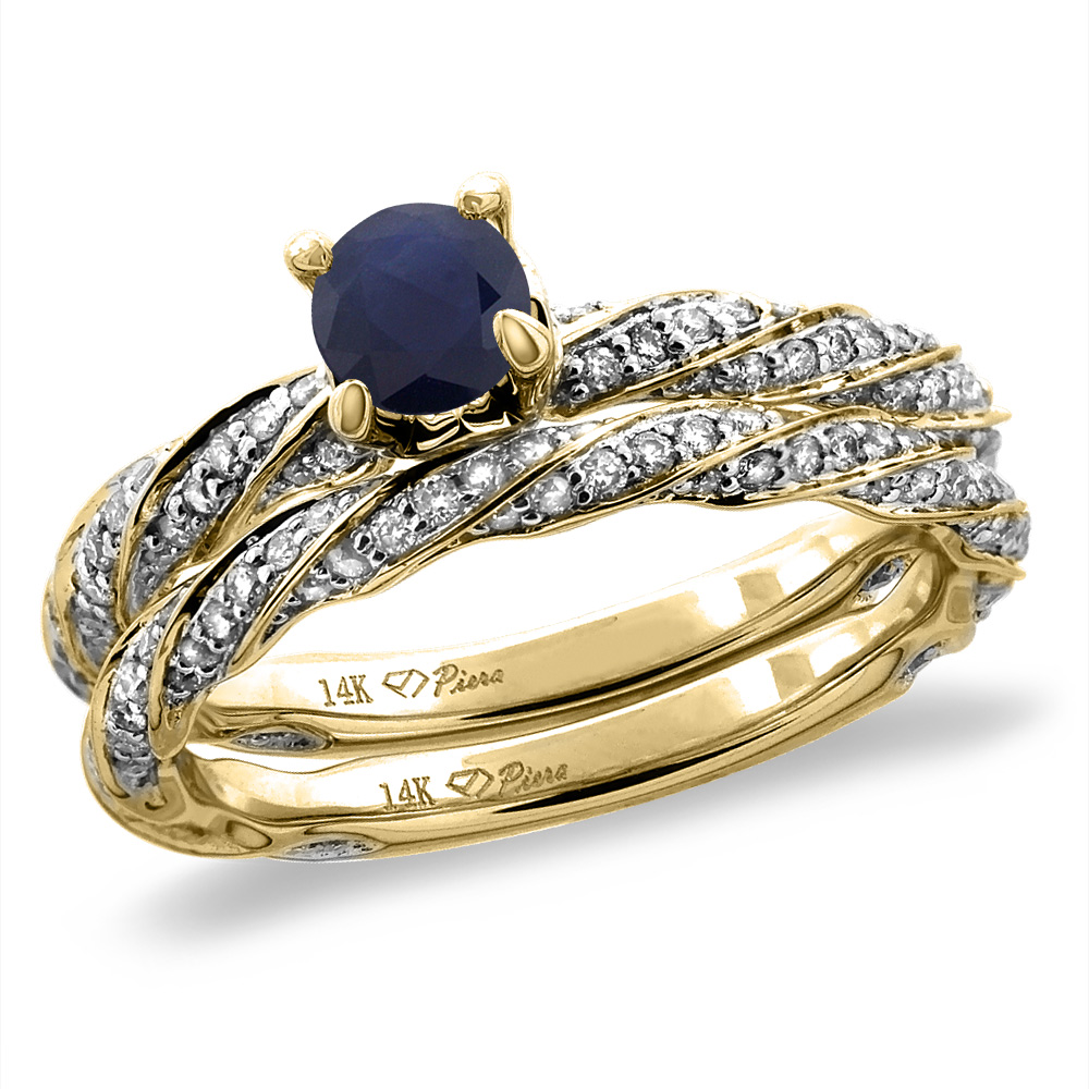 14K Yellow Gold Diamond Natural Blue Sapphire 2pc Twisted Engagement Ring Set Round 4 mm, size5-10