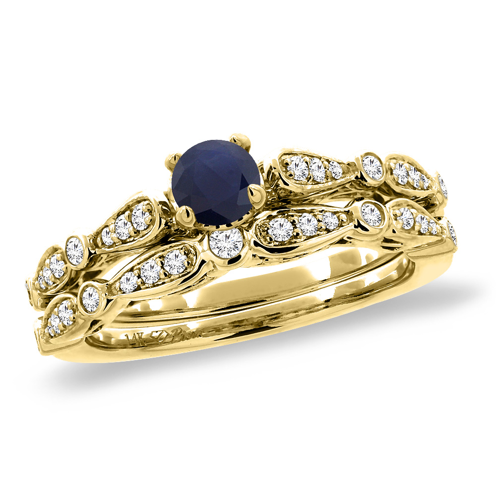 14K Yellow Gold Diamond Natural Blue Sapphire 2pc Engagement Ring Set Round 4 mm, size5-10
