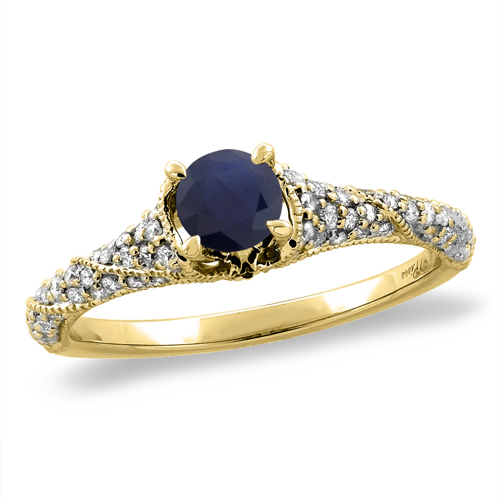 14K Yellow Gold Diamond Natural Blue Sapphire Engagement Ring Round 4 mm, sizes 5 -10