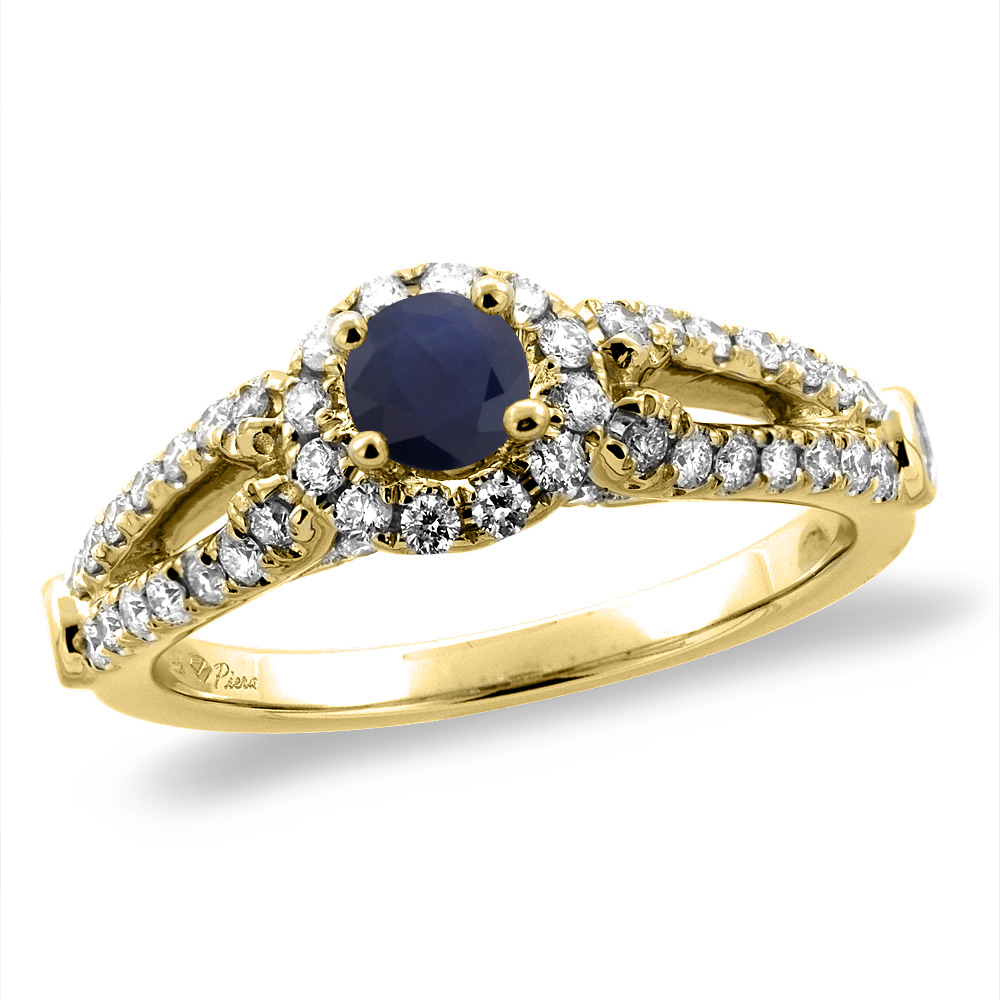 14K Yellow Gold Diamond Natural Blue Sapphire Halo Engagement Ring Round 4 mm, sizes 5 -10