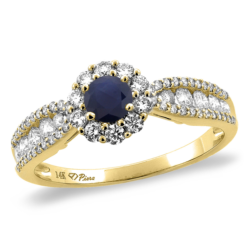 14K Yellow Gold Natural Blue Sapphire Halo Engagement Ring Round 4 mm, sizes 5 -10