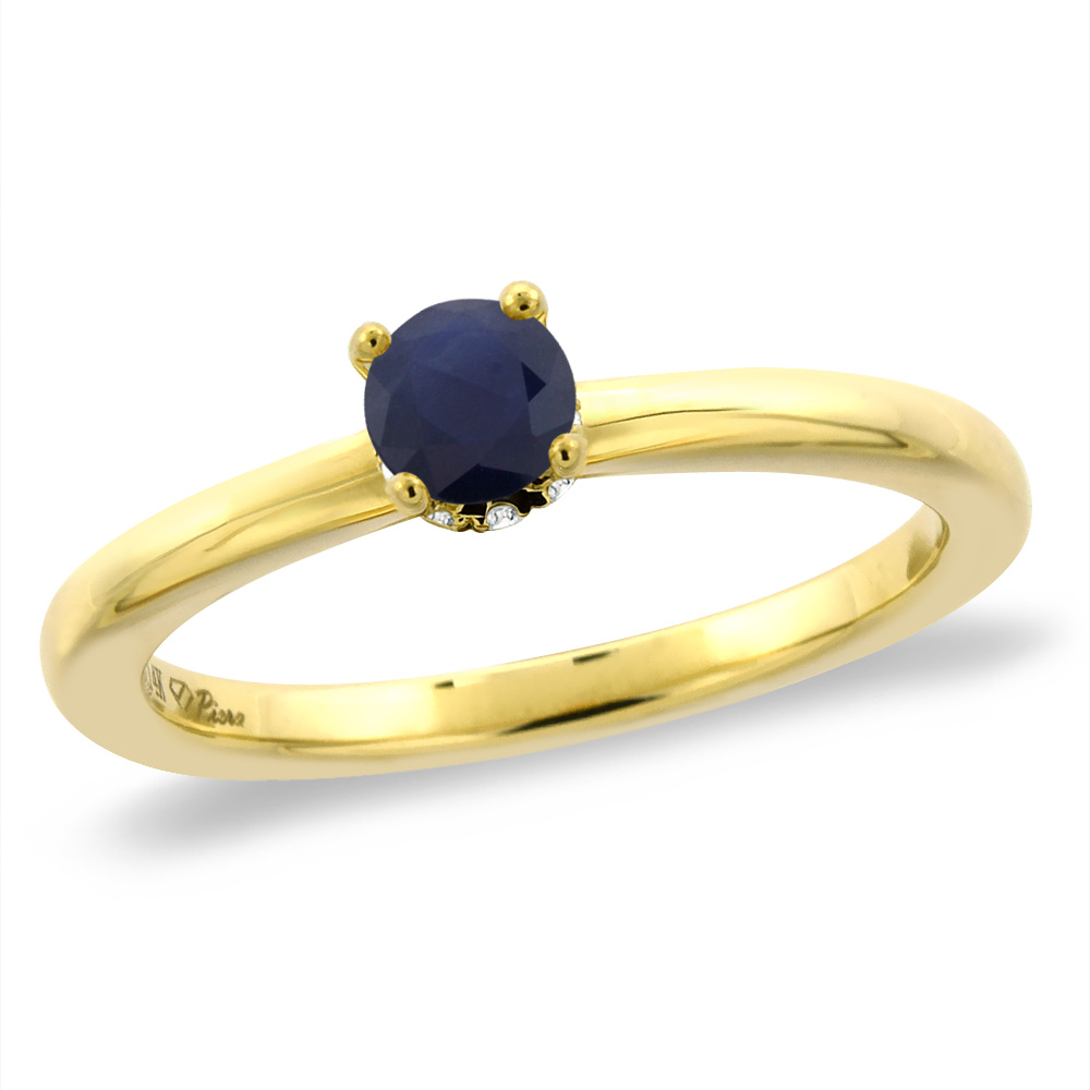 14K Yellow Gold Diamond Natural Blue Sapphire Solitaire Engagement Ring Round 4 mm, sizes 5 -10