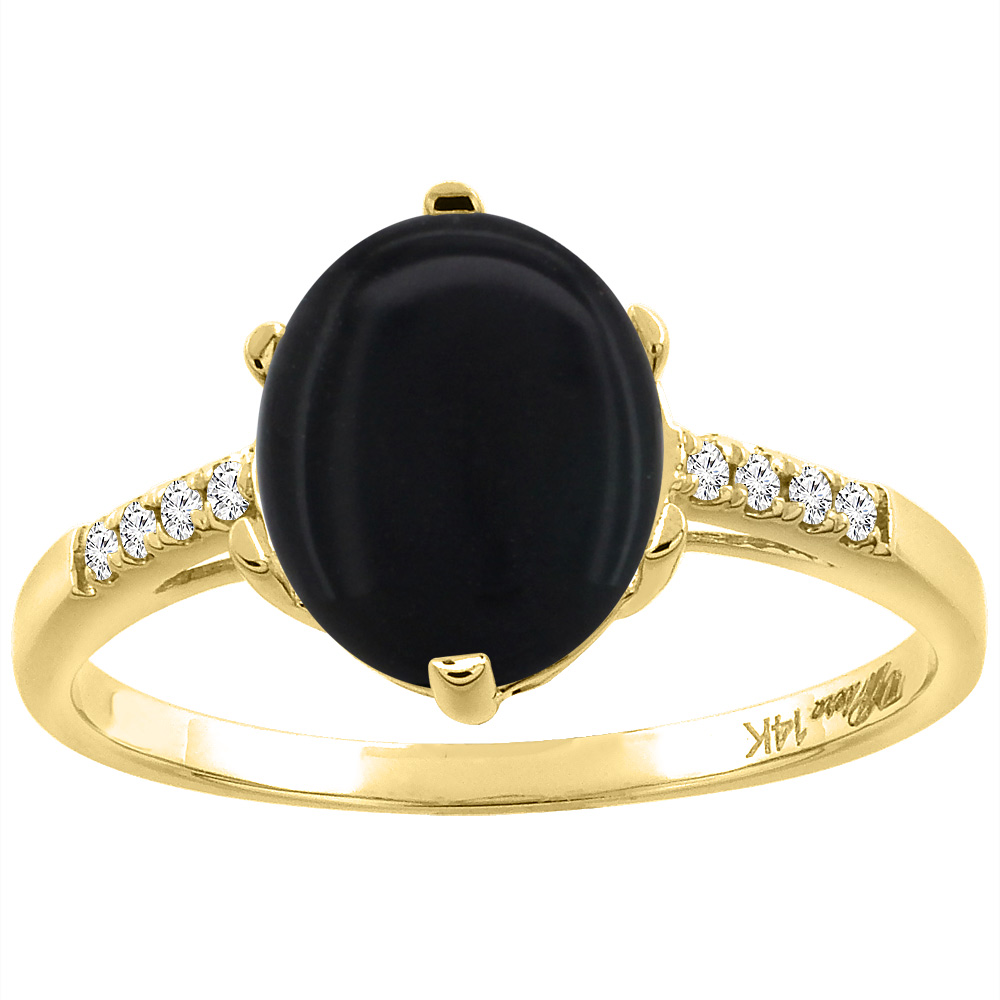 14K Yellow Gold Natural Black Onyx &amp; Diamond Ring Oval 10x8 mm, sizes 5-10