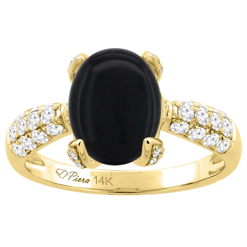 14K Yellow Gold Natural Black Onyx Engagement Ring Oval 10x8 mm &amp; Diamond Accents, sizes 5 - 10