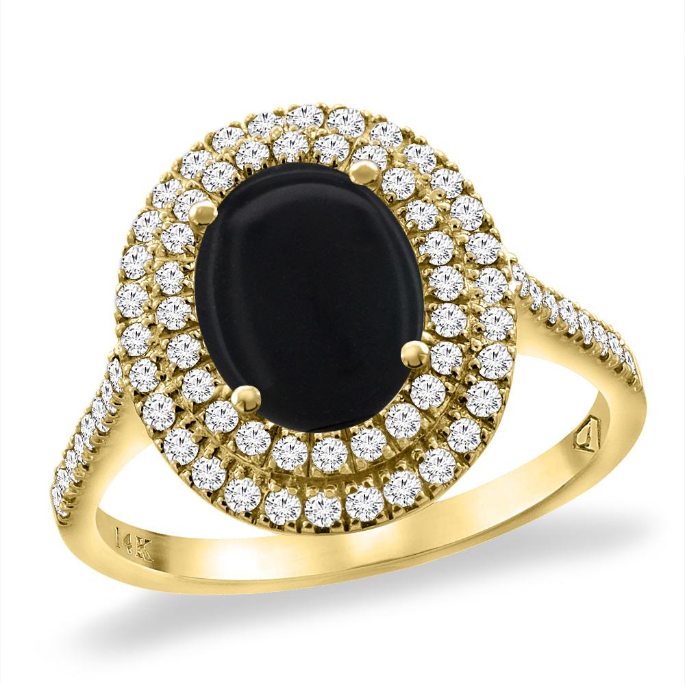 14K Yellow Gold Natural Black Onyx Two Halo Diamond Engagement Ring 9x7 mm Oval, sizes 5 -10