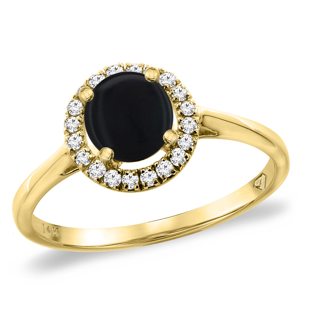 14K Yellow Gold Diamond Halo Natural Black Onyx Engagement Ring Round 6 mm, sizes 5 -10