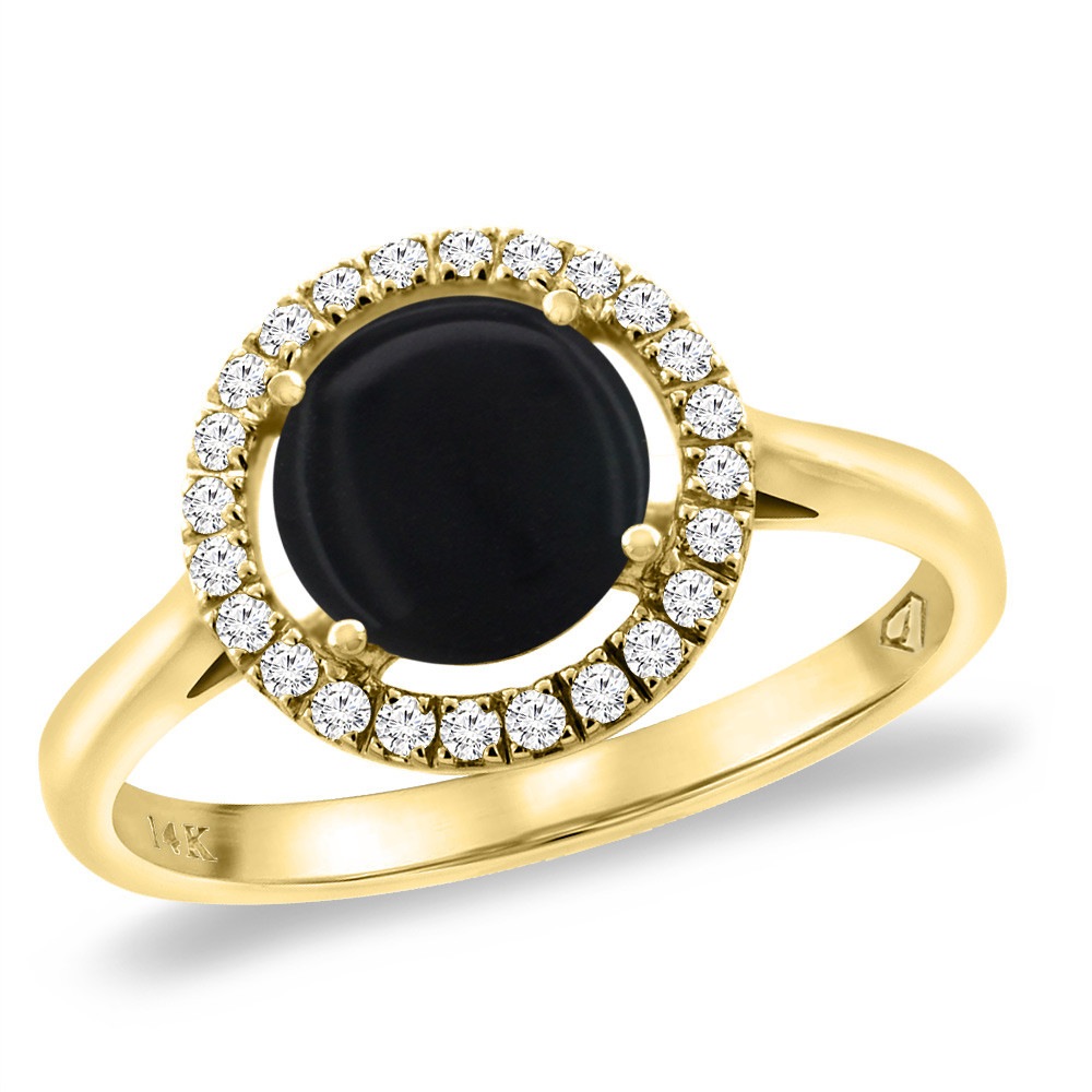 14K Yellow Gold Natural Black Onyx Halo Engagement Ring Round 8 mm, sizes 5 -10
