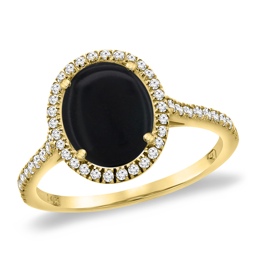 14K Yellow Gold Black Onyx Diamond Halo Engagement Ring 10x8 mm Oval, sizes 5 -10