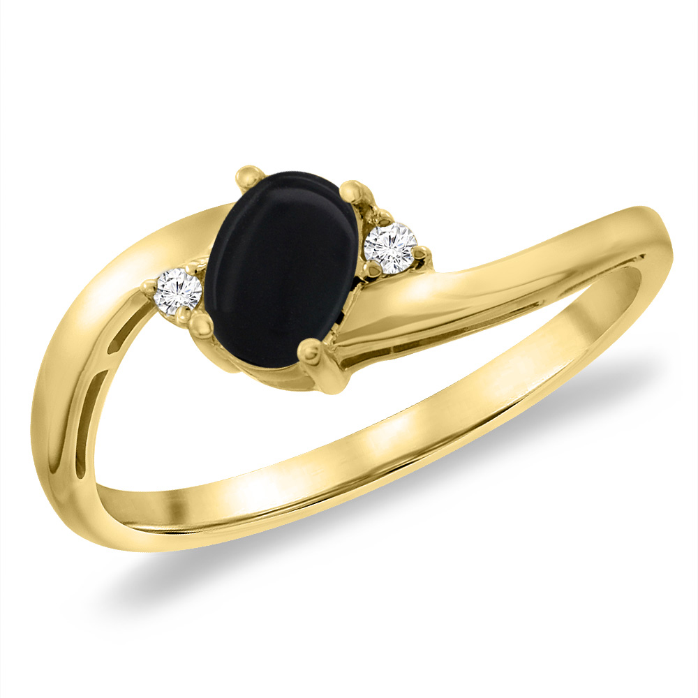 14K Yellow Gold Diamond Natural Black Onyx Bypass Engagement Ring Oval 6x4 mm, sizes 5 -10