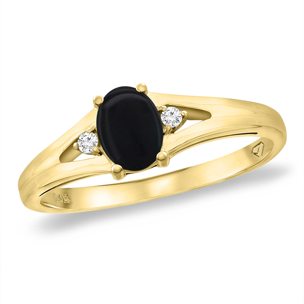 14K Yellow Gold Diamond Natural Black Onyx Engagement Ring Oval 6x4 mm, sizes 5 -10