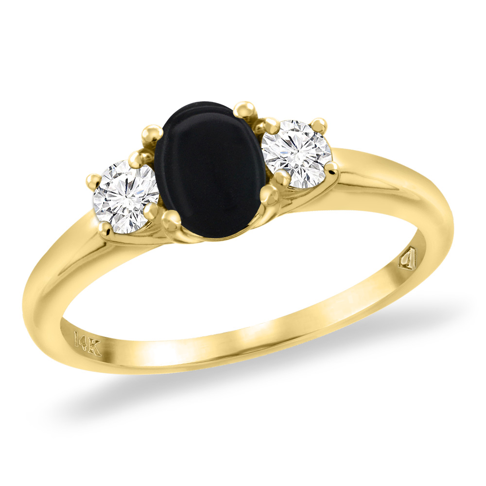 14K Yellow Gold Natural Black Onyx Engagement Ring Diamond Accents Oval 7x5 mm, sizes 5 -10