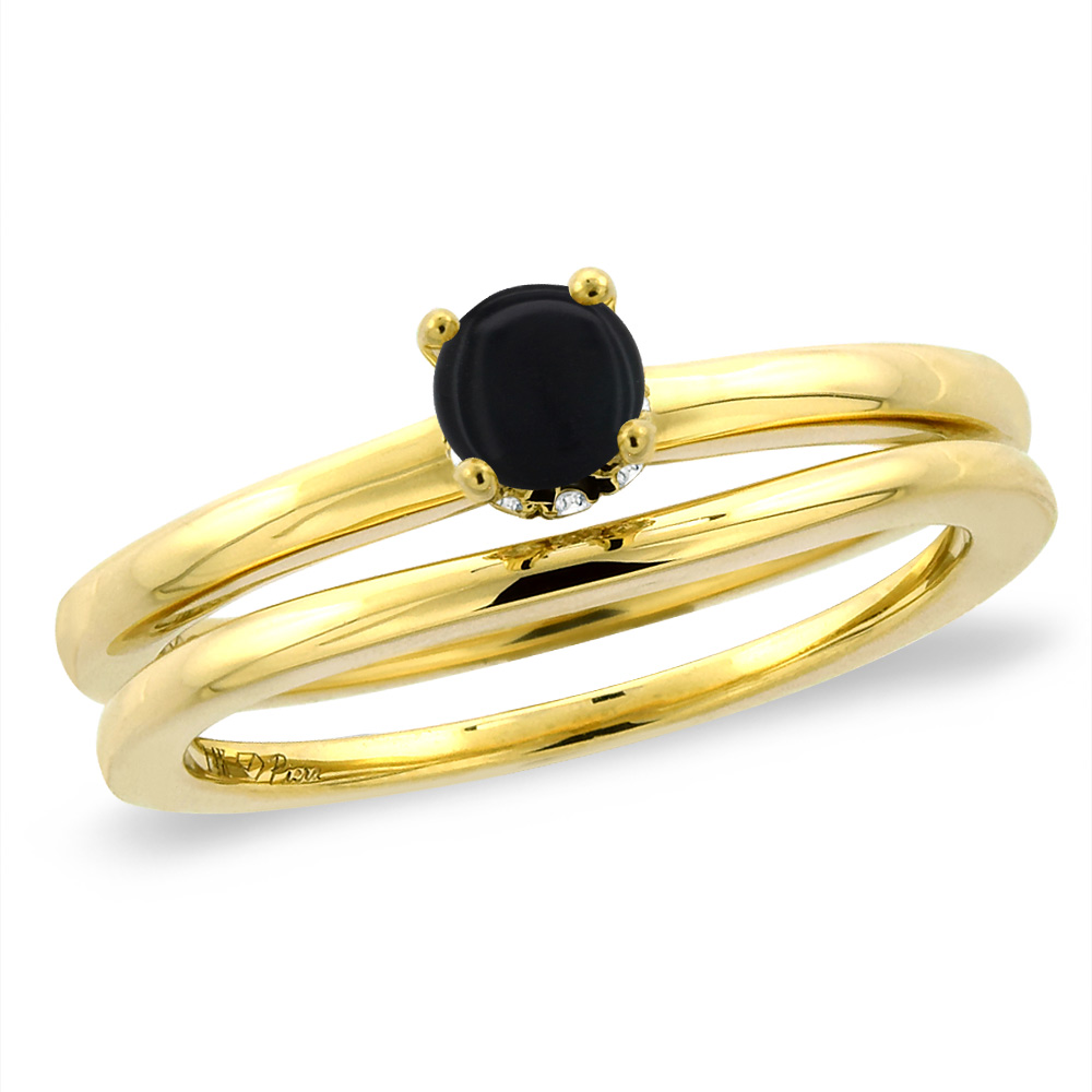 14K Yellow Gold Diamond Natural Black Onyx 2pc Solitaire Engagement Ring Set Round 6 mm, sizes 5-10