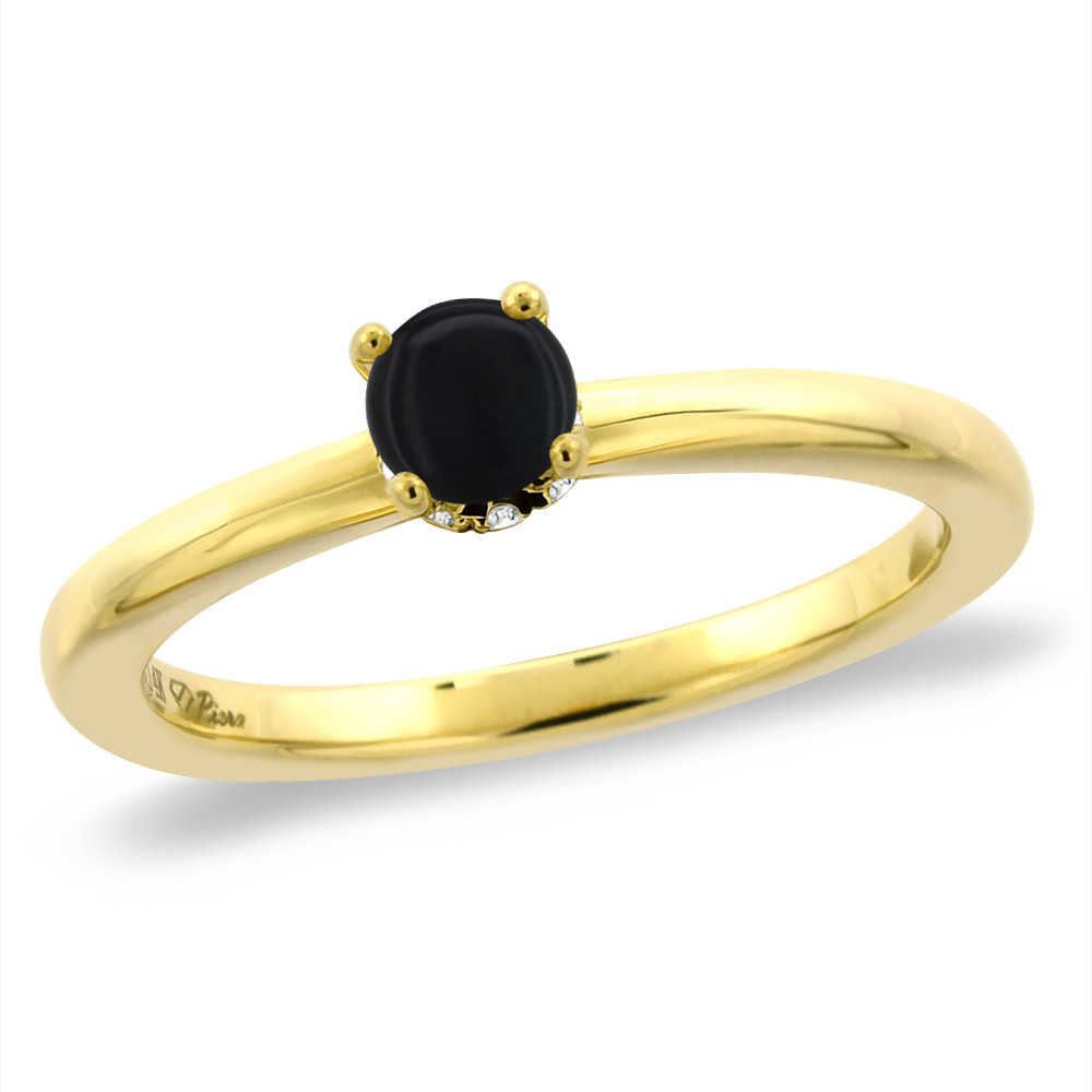 14K Yellow Gold Diamond Natural Black Onyx Solitaire Engagement Ring Round 6 mm, sizes 5 -10