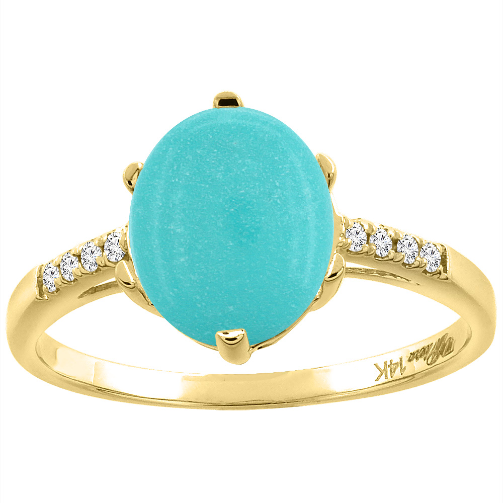 14K Yellow Gold Natural Turquoise &amp; Diamond Ring Oval 10x8 mm, sizes 5-10