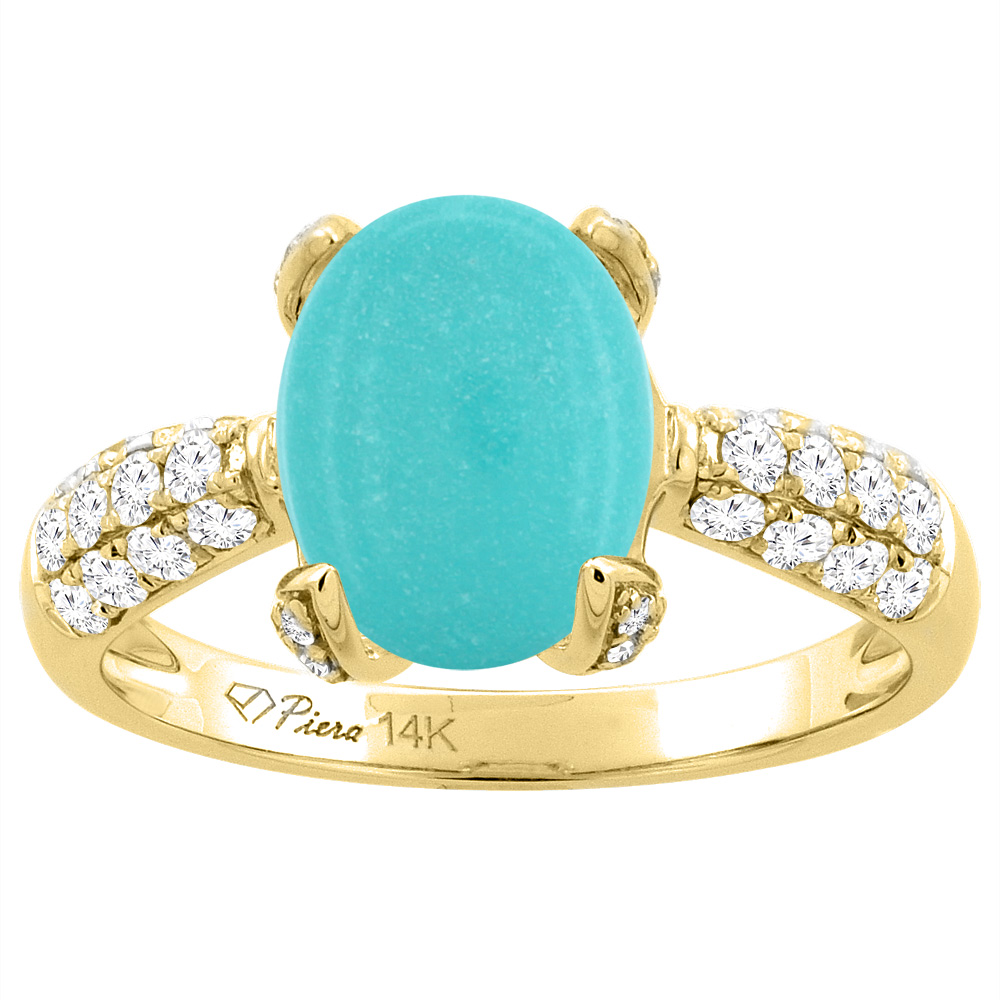 14K Yellow Gold Natural Turquoise Engagement Ring Oval 12x10 mm &amp; Diamond Accents, sizes 5 - 10