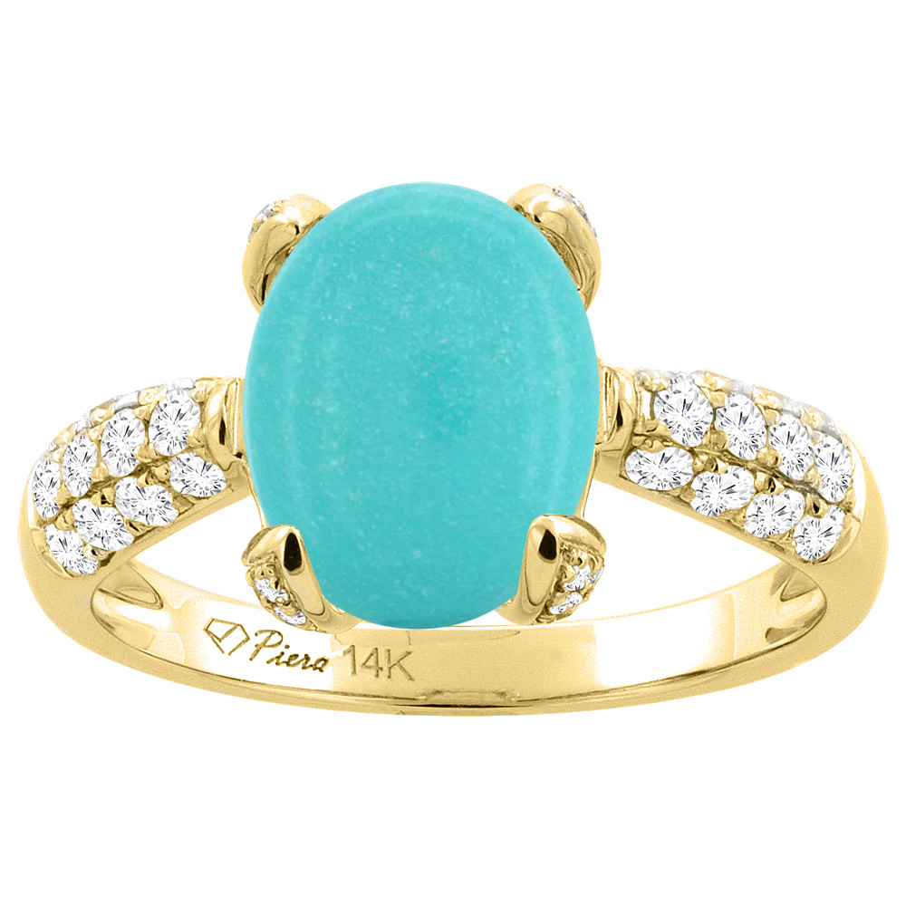 14K Yellow Gold Natural Turquoise Engagement Ring Oval 11x9 mm &amp; Diamond Accents, sizes 5 - 10