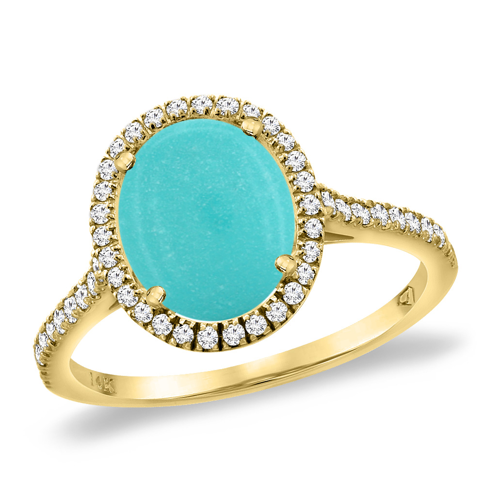 14K Yellow Gold Natural Turquoise Diamond Halo Engagement Ring 10x8 mm Oval, sizes 5 -10