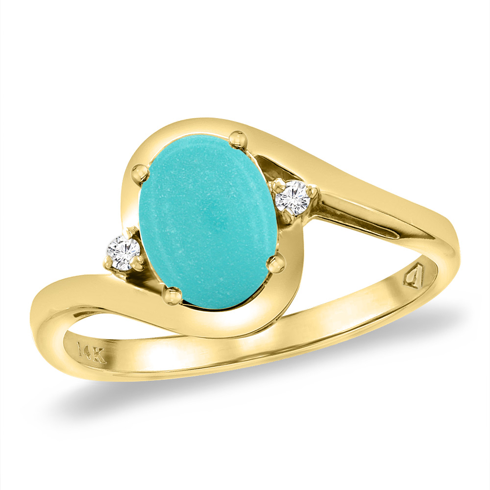 14K Yellow Gold Diamond Natural Turquoise Bypass Engagement Ring Oval 8x6 mm, sizes 5 -10