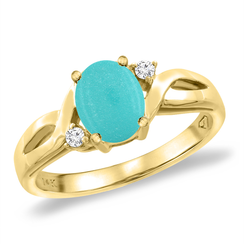 14K Yellow Gold Diamond Natural Turquoise Engagement Ring Oval 8x6 mm, sizes 5 -10