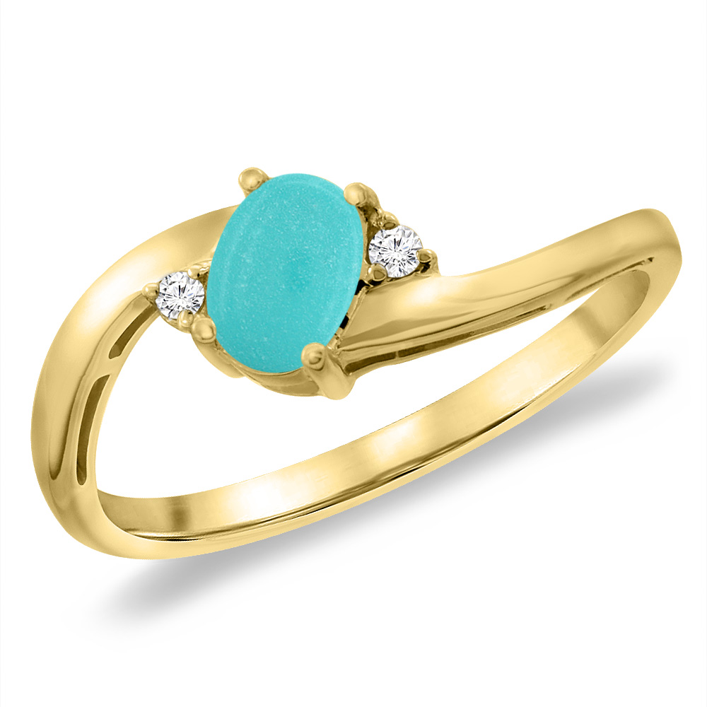 14K Yellow Gold Diamond Natural Turquoise Bypass Engagement Ring Oval 6x4 mm, sizes 5 -10