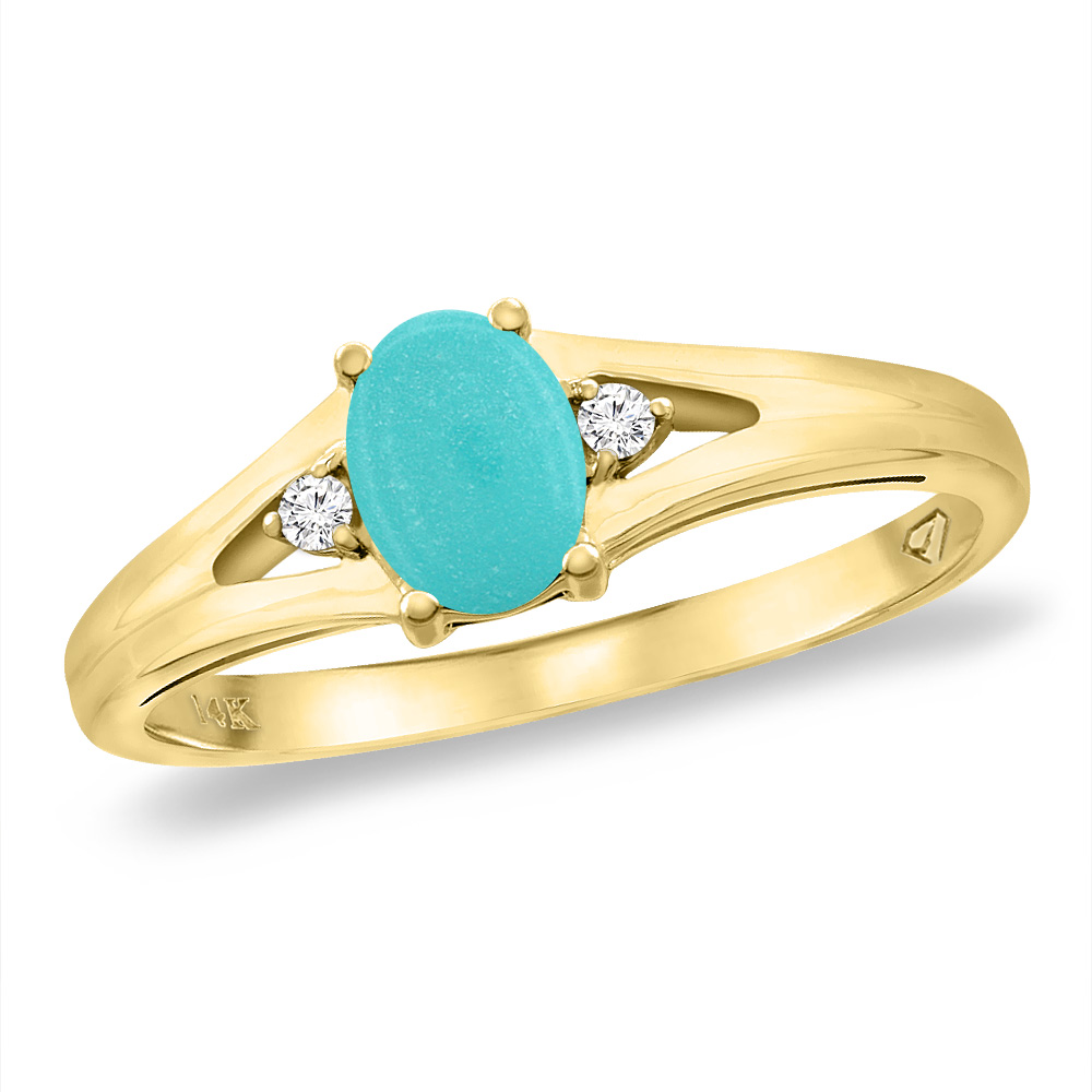 14K Yellow Gold Diamond Natural Turquoise Engagement Ring Oval 6x4 mm, sizes 5 -10