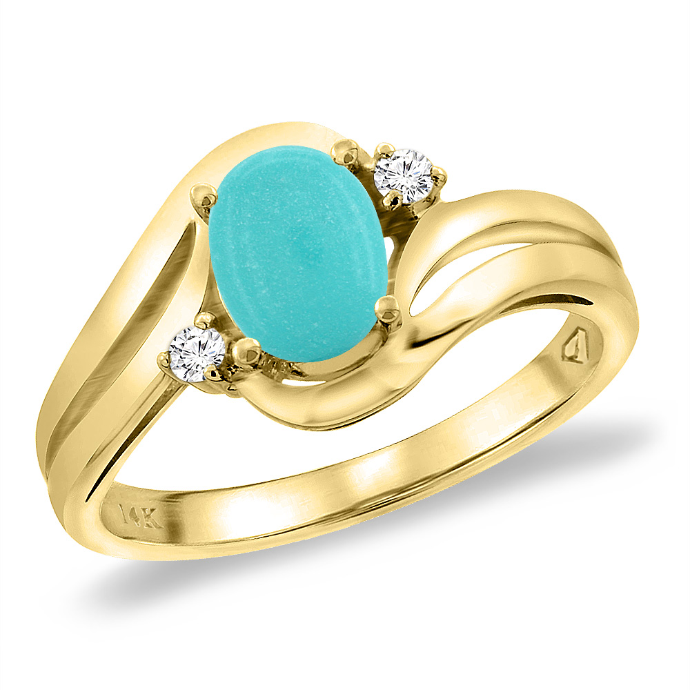 14K Yellow Gold Diamond Natural Turquoise Bypass Engagement Ring Oval 8x6 mm, sizes 5 -10
